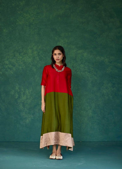 Autumn Grace: Red + Olive Green + Ecru Block Print Silk Dress