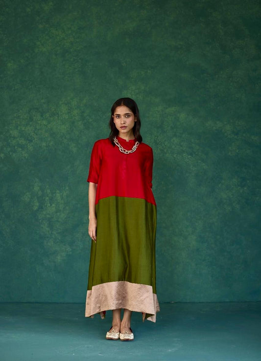 Autumn Grace: Red + Olive Green + Ecru Block Print Silk Dress