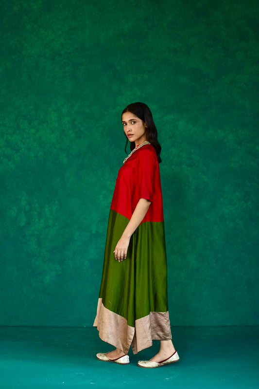 Autumn Grace: Red + Olive Green + Ecru Block Print Silk Dress