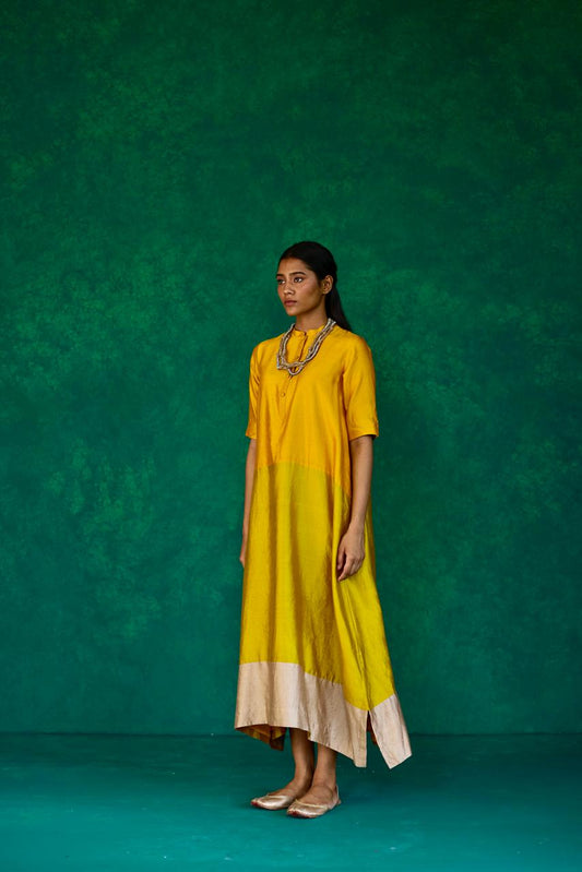 Sunlit Splendor: Yellow + Leaf Green + Ecru Block Print Silk Dress