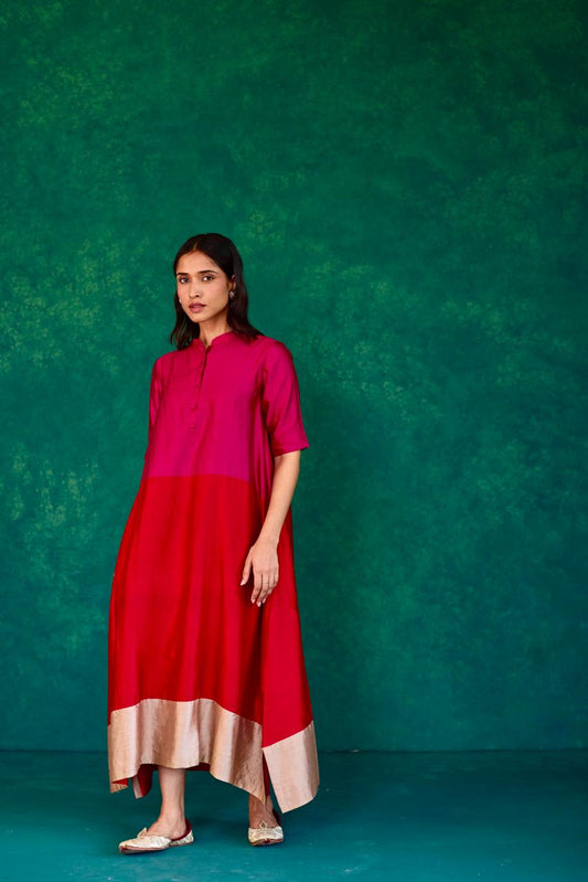 Crimson Glow: Magenta + Red + Ecru Block Print Silk Dress