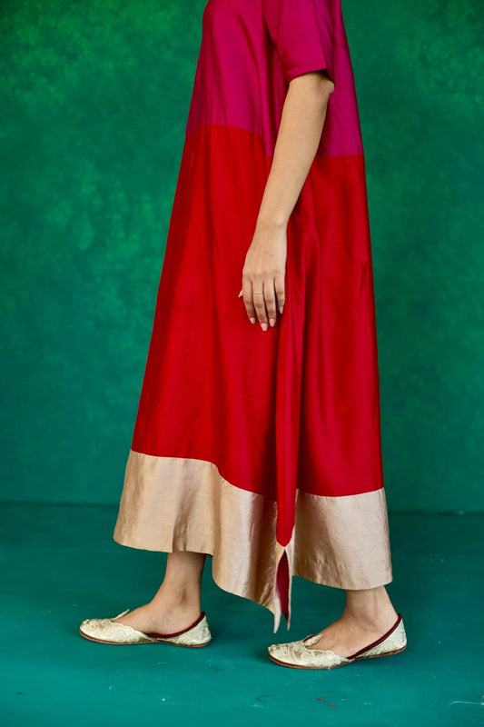 Crimson Glow: Magenta + Red + Ecru Block Print Silk Dress