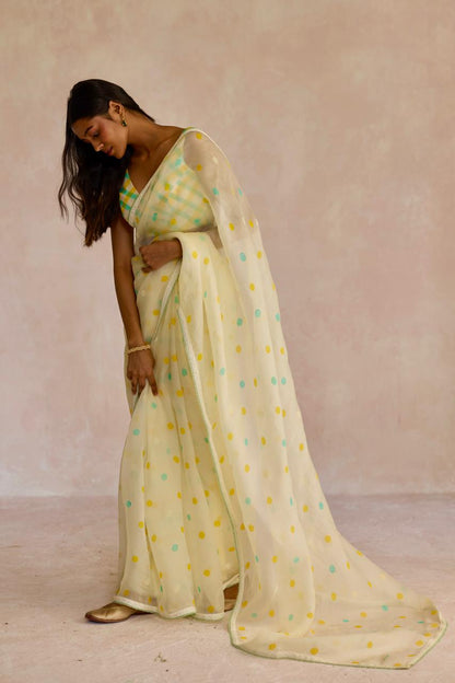Ivory Dot Delight: Organza Block Printed Saree