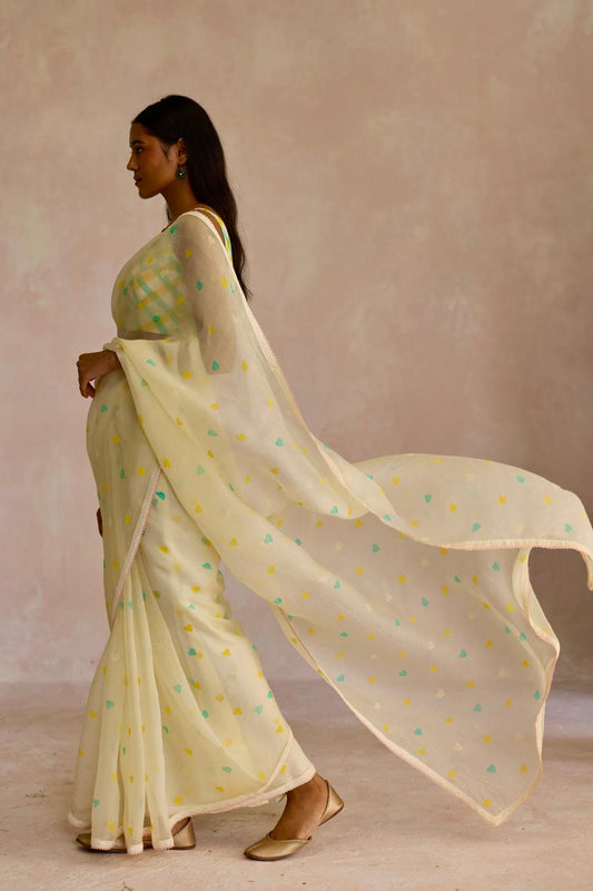 Ivory Heart Elegance: Organza Block Printed Saree