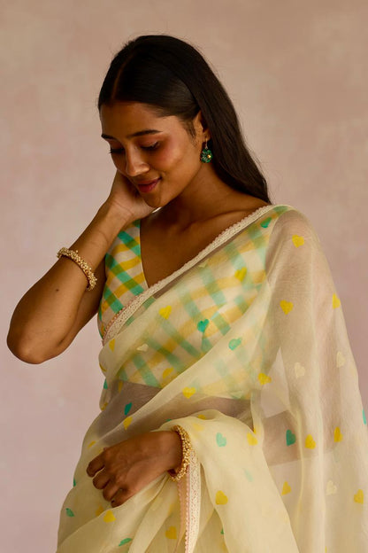 Ivory Heart Elegance: Organza Block Printed Saree