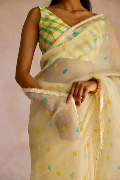 Ivory Heart Elegance: Organza Block Printed Saree