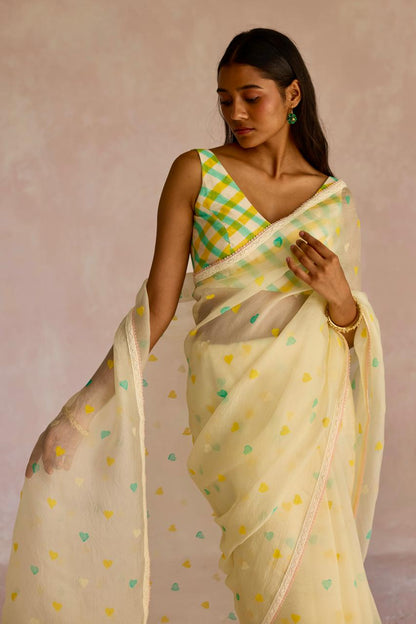 Ivory Heart Elegance: Organza Block Printed Saree