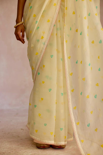 Ivory Heart Elegance: Organza Block Printed Saree
