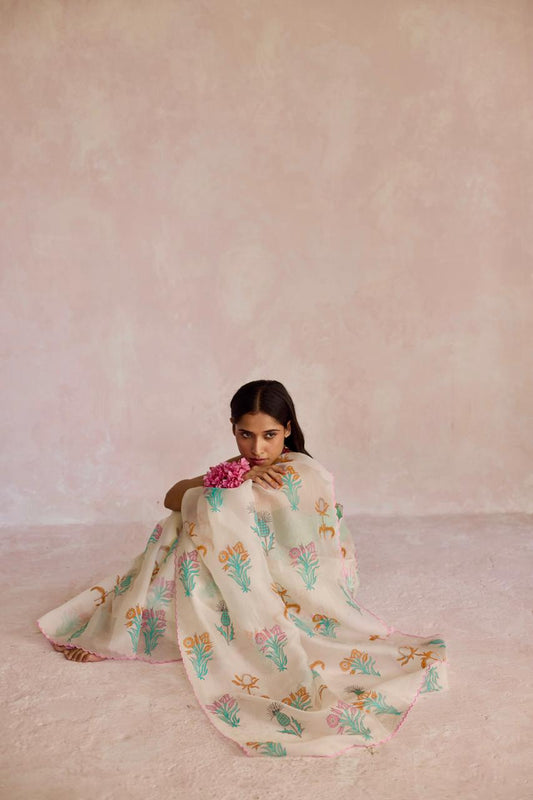 Ivory Butta Beauty: Organza Block Printed Saree
