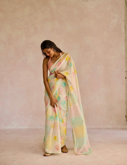 Ivory Multi Splendor: Organza Block Printed Saree
