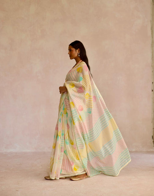 Ivory Multi Splendor: Organza Block Printed Saree