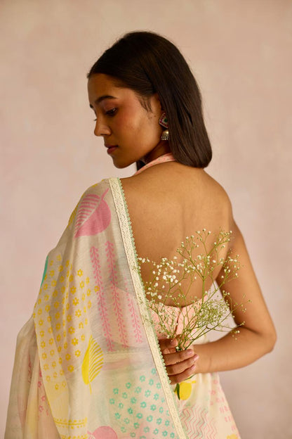 Ivory Multi Splendor: Organza Block Printed Saree