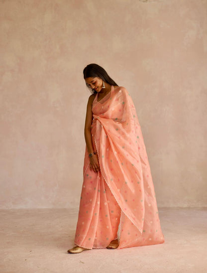 Pink Radiance: Organza Block Printed Saree