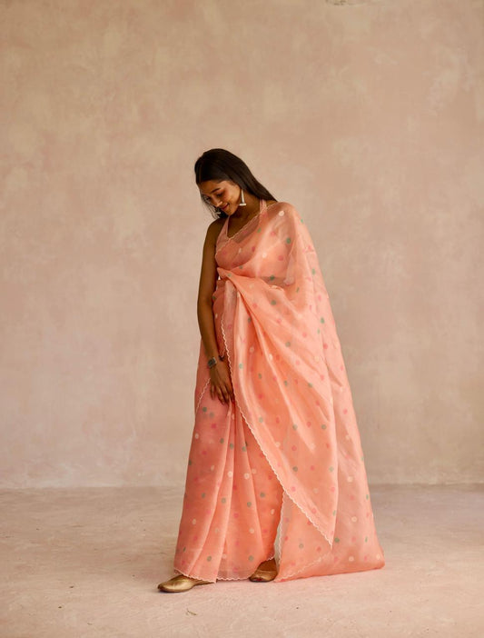 Pink Radiance: Organza Block Printed Saree
