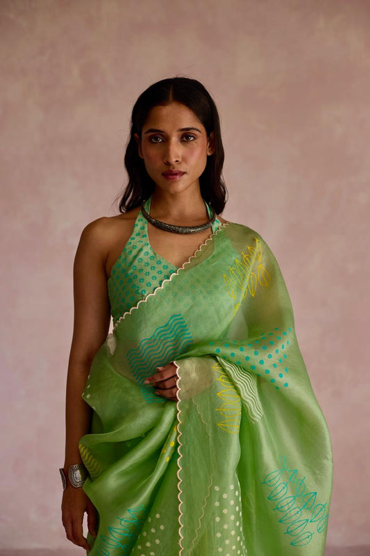 Green Grace: Organza Block Printed Saree
