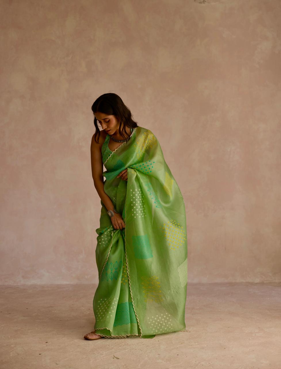 Green Grace: Organza Block Printed Saree