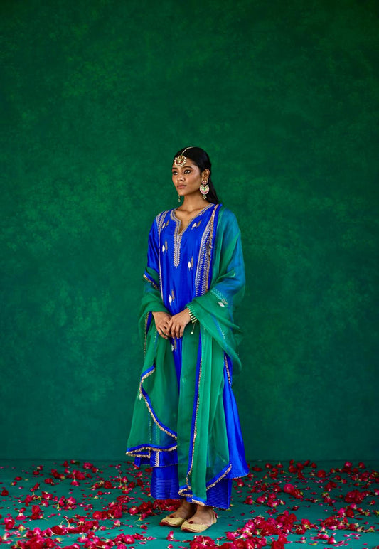 Serene Harmony: Blue + Green Silk Kali Set