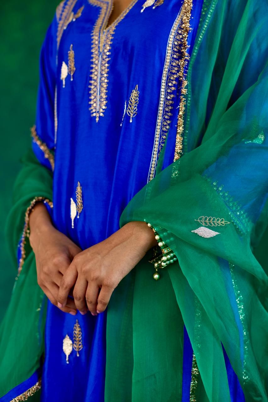 Serene Harmony: Blue + Green Silk Kali Set