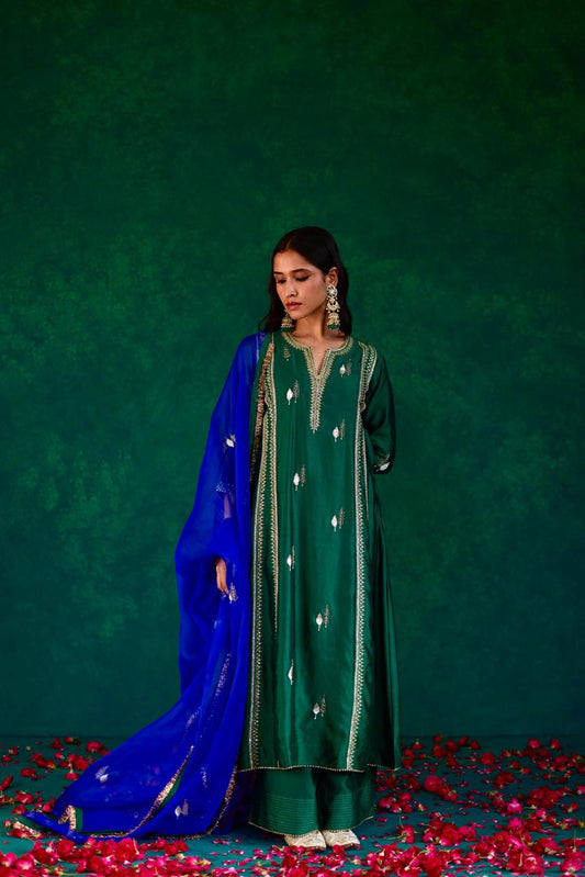 Verdant Elegance: Green + Blue Silk Kali Set