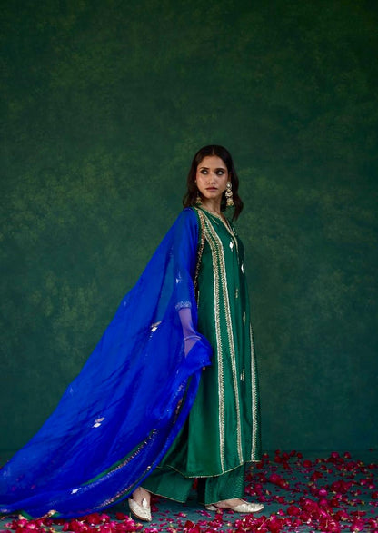 Verdant Elegance: Green + Blue Silk Kali Set