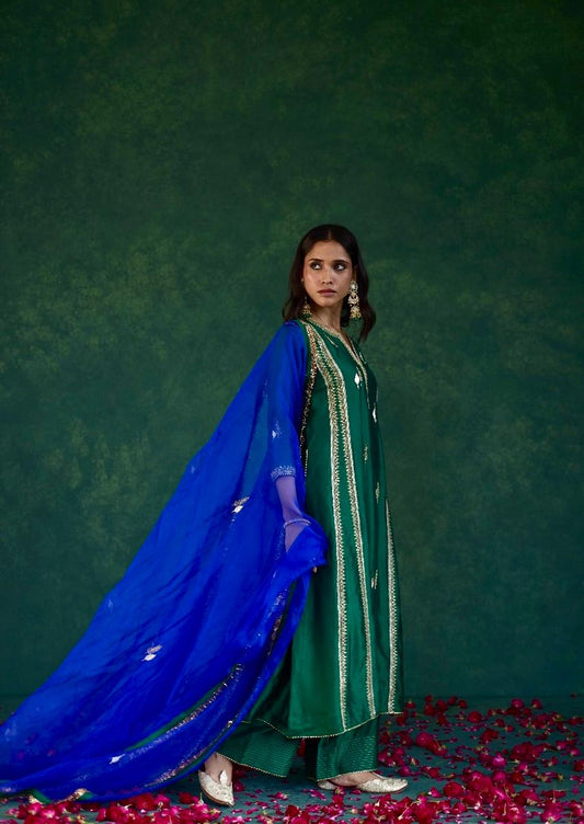 Verdant Elegance: Green + Blue Silk Kali Set