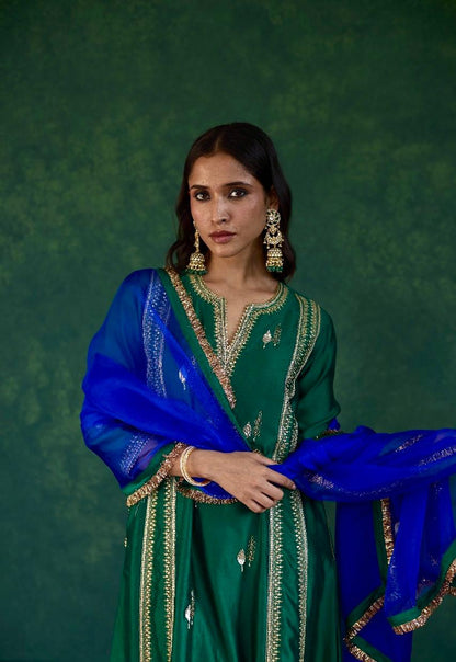 Verdant Elegance: Green + Blue Silk Kali Set