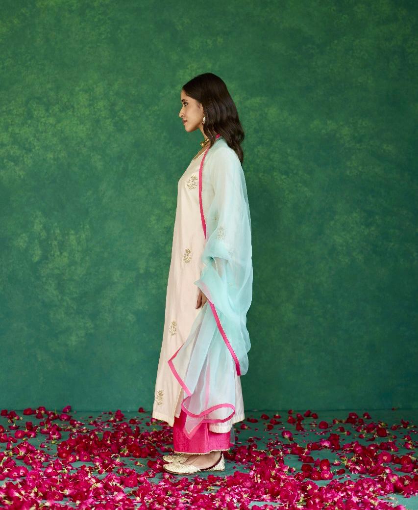 Pastel Bloom: Ivory + Pink and Light Blue Silk Sharara Set