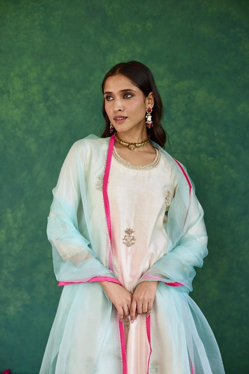 Pastel Bloom: Ivory + Pink and Light Blue Silk Sharara Set