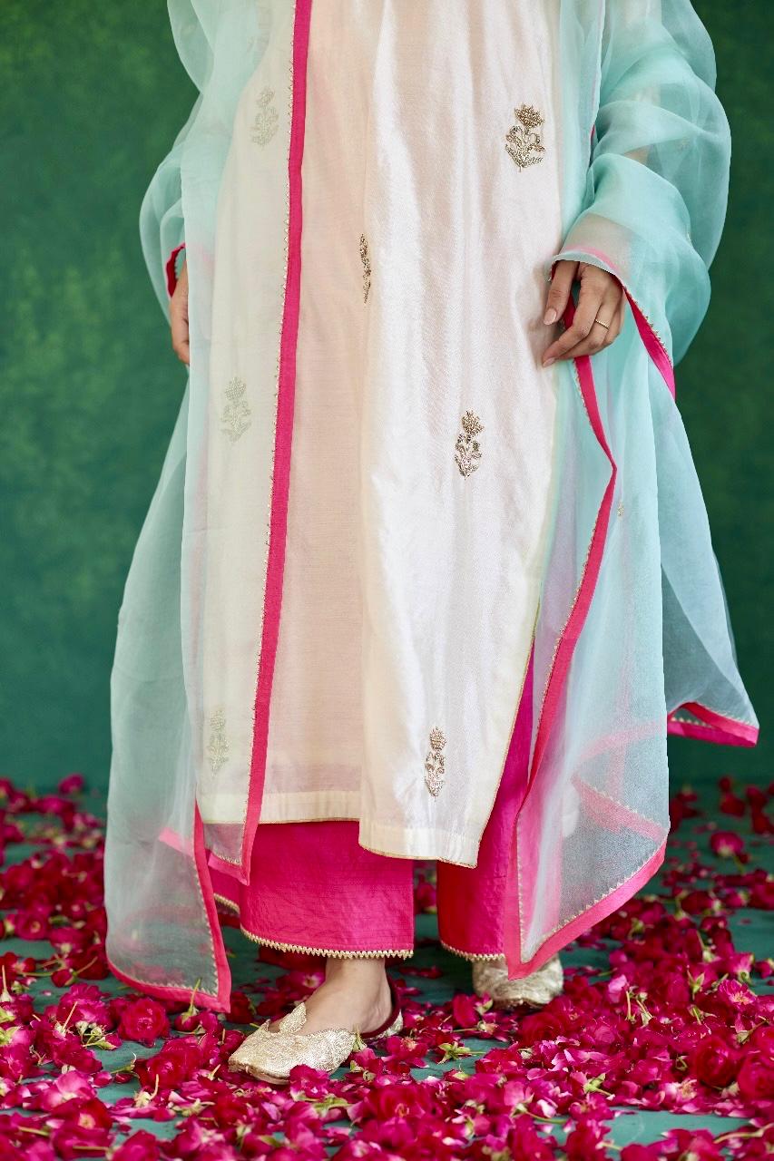 Pastel Bloom: Ivory + Pink and Light Blue Silk Sharara Set