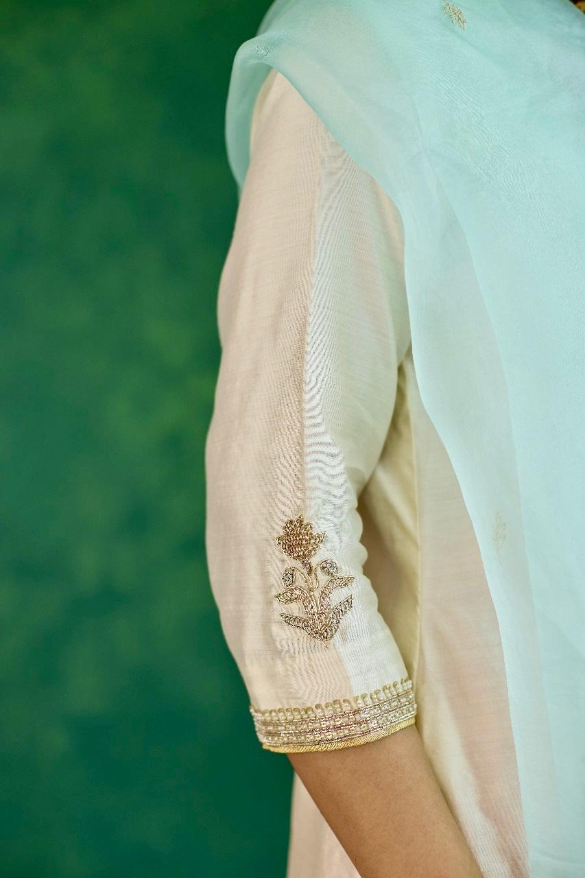 Pastel Bloom: Ivory + Pink and Light Blue Silk Sharara Set