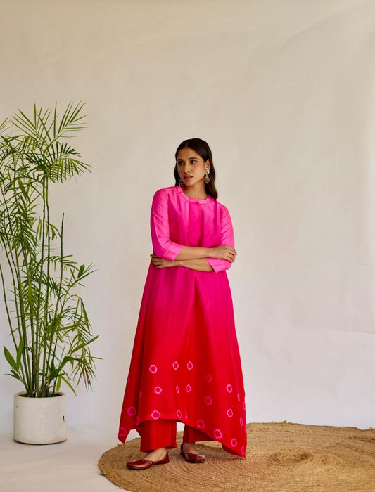 Radiant Elegance: Pink + Red Tie-Dye Dupion Kurta Set
