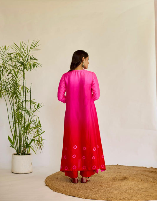 Radiant Elegance: Pink + Red Tie-Dye Dupion Kurta Set