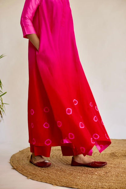 Radiant Elegance: Pink + Red Tie-Dye Dupion Kurta Set
