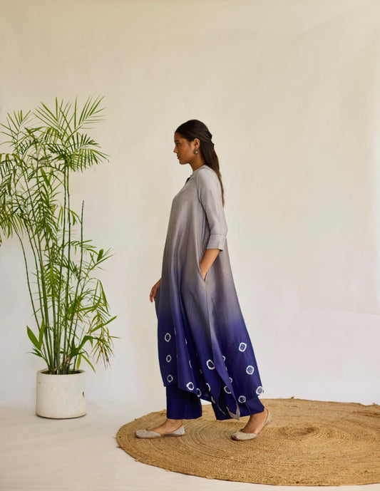 Midnight Harmony: Grey + Navy Tie-Dye Dupion Kurta Set