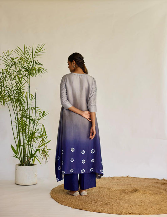 Midnight Harmony: Grey + Navy Tie-Dye Dupion Kurta Set
