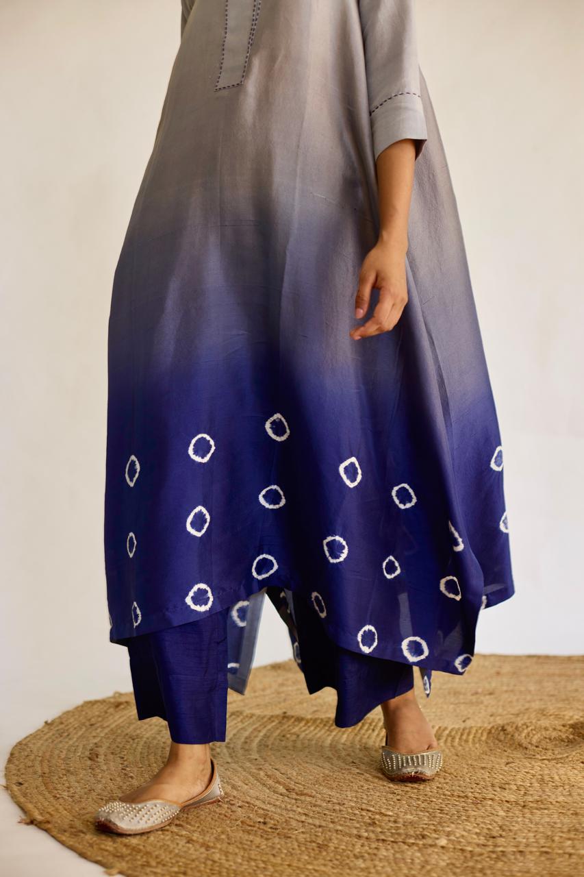 Midnight Harmony: Grey + Navy Tie-Dye Dupion Kurta Set